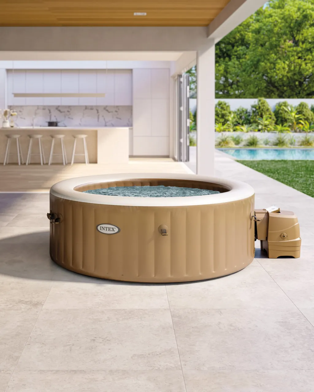 Best PureSpa™ Sahara Tan Round Bubble Inflatable Spa Set - 4-Person Purespa